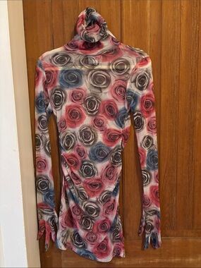 Turtleneck Floral Rose Print Dress - Pink & Blue